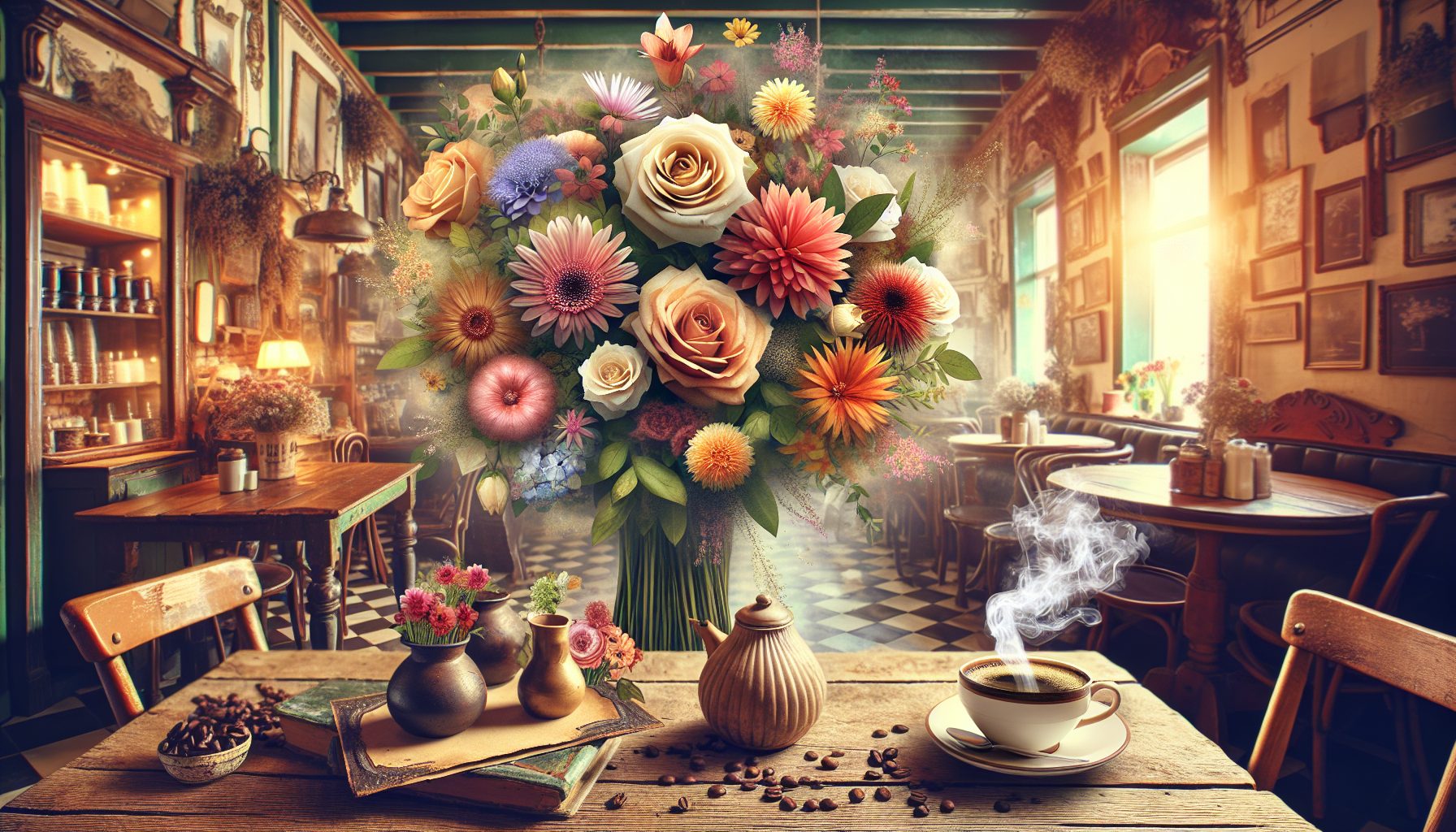 Цветы и кофе в кафе и интерьере